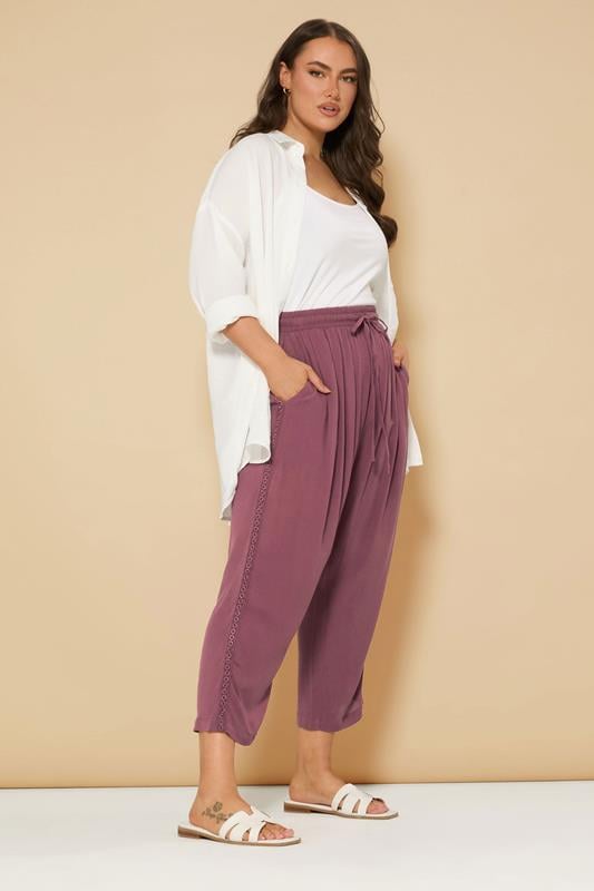 Evans YOURS Curve Berry Red Crochet Trim Cropped Trousers