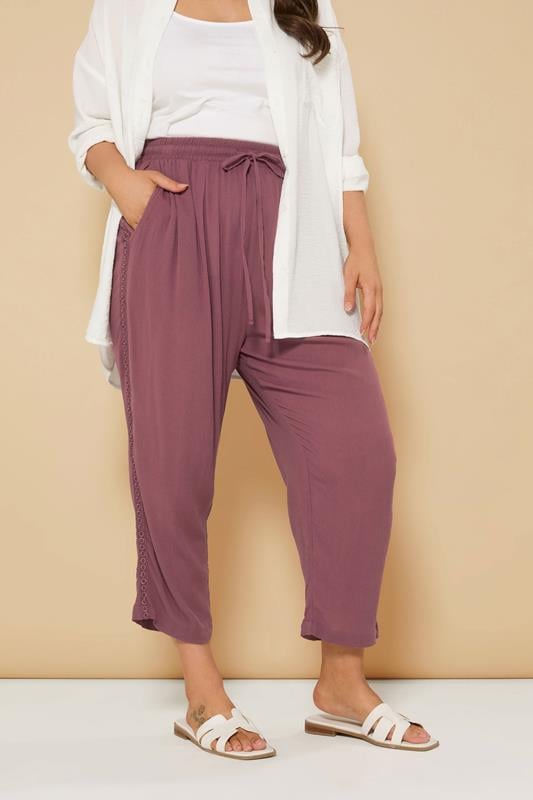 evans YOURS Curve Berry Red Crochet Trim Cropped Trousers