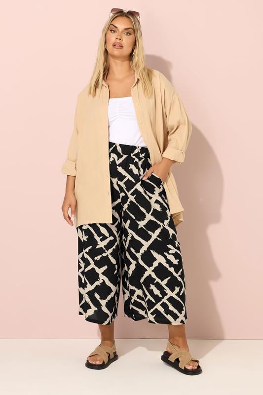 Evans YOURS Curve Black Abstract Cropped Wide Leg Trousers
