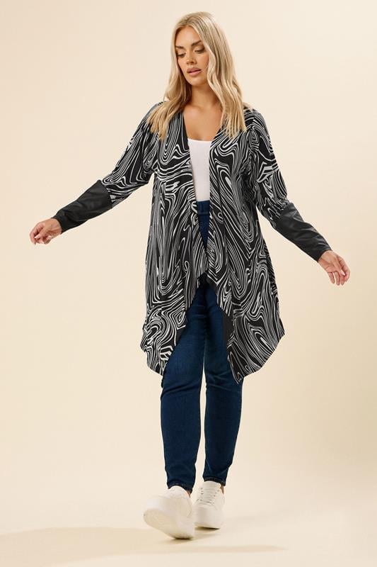 Evans YOURS Curve Black Abstract Faux Leather Sleeve Cardigan