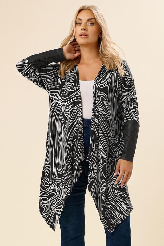 evans YOURS Curve Black Abstract Faux Leather Sleeve Cardigan