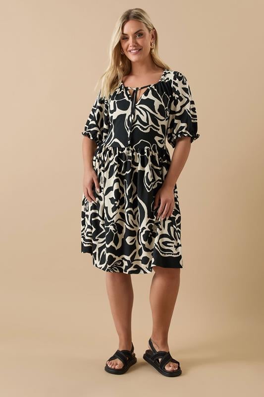 Evans YOURS Curve Black Abstract Floral Tie Neck Mini Dress