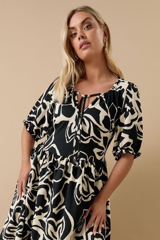 Evans YOURS Curve Black Abstract Floral Tie Neck Mini Dress