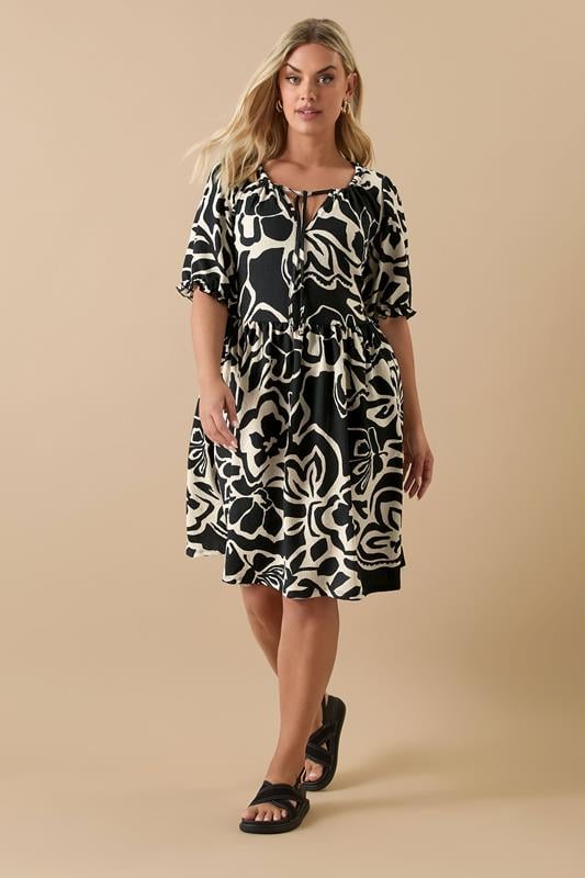 evans YOURS Curve Black Abstract Floral Tie Neck Mini Dress