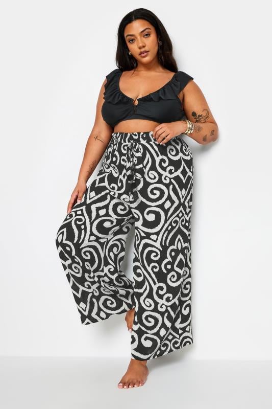 Evans YOURS Curve Black Abstract Print Crinkle Tassel Trousers