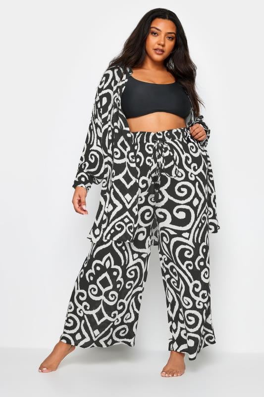 Evans YOURS Curve Black Abstract Print Crinkle Tassel Trousers