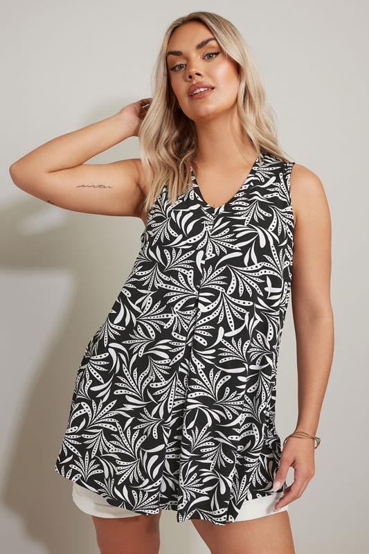 evans YOURS Curve Black Abstract Print Pleat Front Vest Top