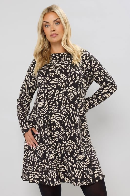 evans YOURS Curve Black Abstract Print Ribbed Tunic Top