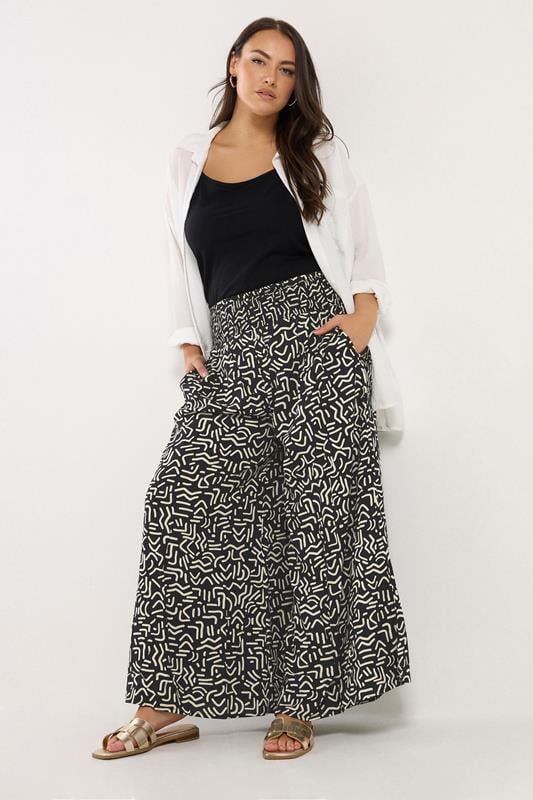 Evans YOURS Curve Black Abstract Print Shirred Waist Trousers