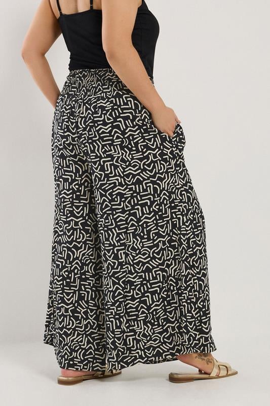 Evans YOURS Curve Black Abstract Print Shirred Waist Trousers