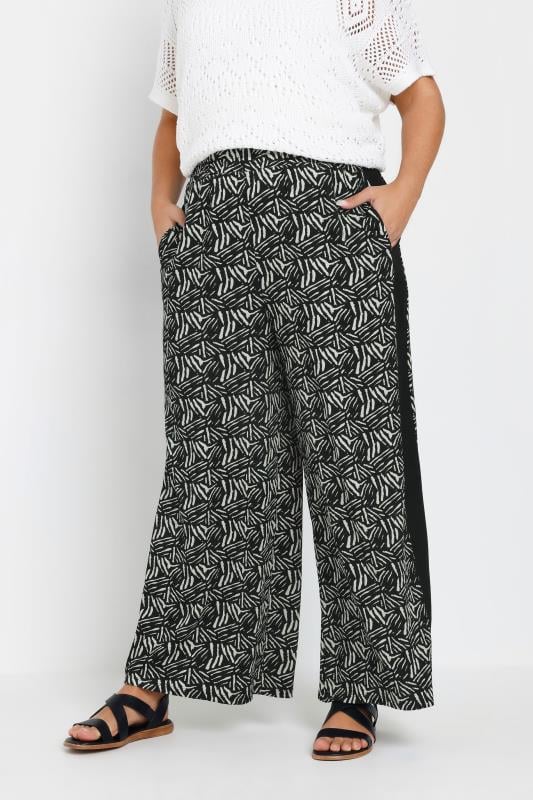 evans YOURS Curve Black Abstract Print Side Stripe Trousers
