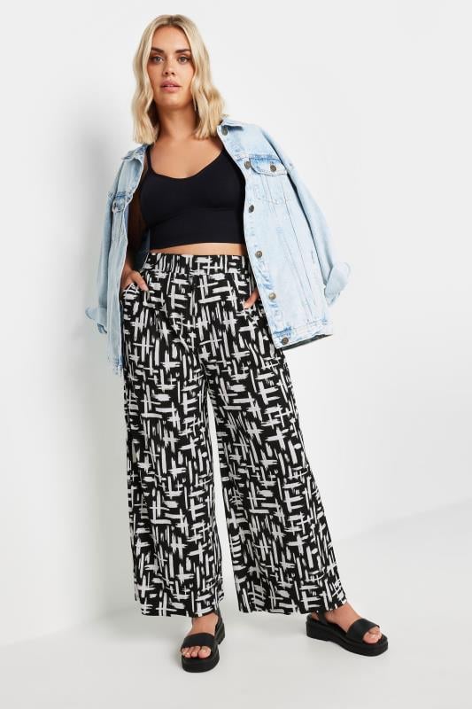 Evans YOURS Curve Black Abstract Print Textured Wide Leg Trousers