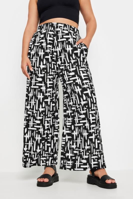 evans YOURS Curve Black Abstract Print Textured Wide Leg Trousers