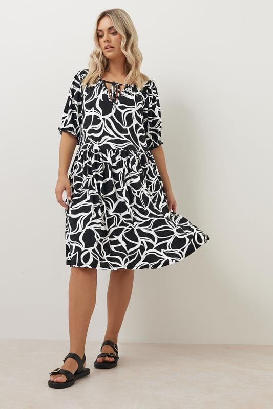 Evans YOURS Curve Black Abstract Print Tie Neck Midi Dress