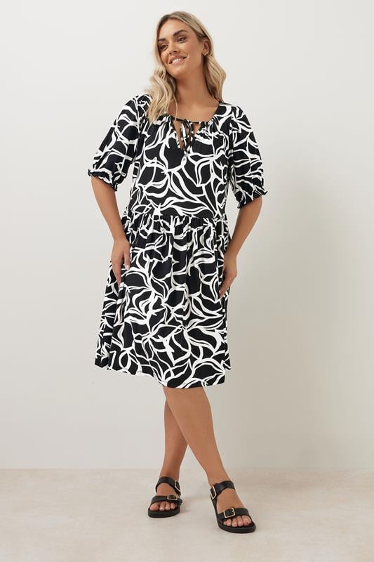 Evans YOURS Curve Black Abstract Print Tie Neck Midi Dress