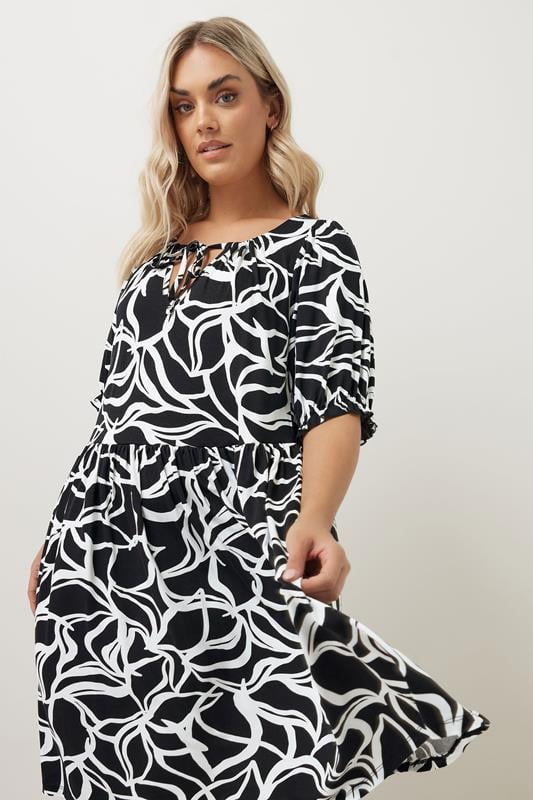 evans YOURS Curve Black Abstract Print Tie Neck Midi Dress