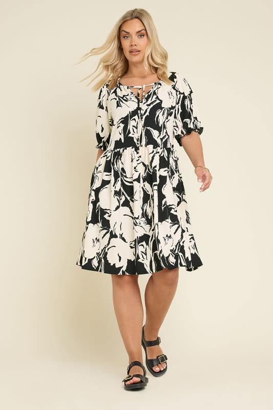 Evans YOURS Curve Black Abstract Print Tie Neck Mini Dress
