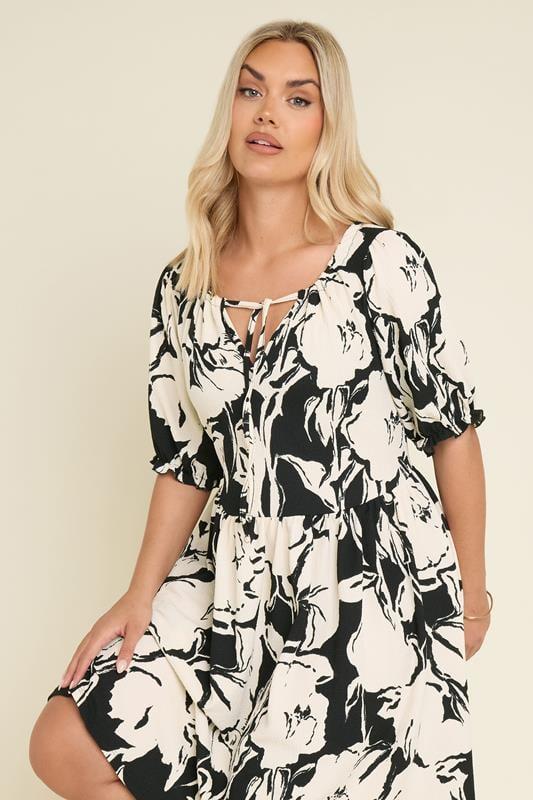 Evans YOURS Curve Black Abstract Print Tie Neck Mini Dress