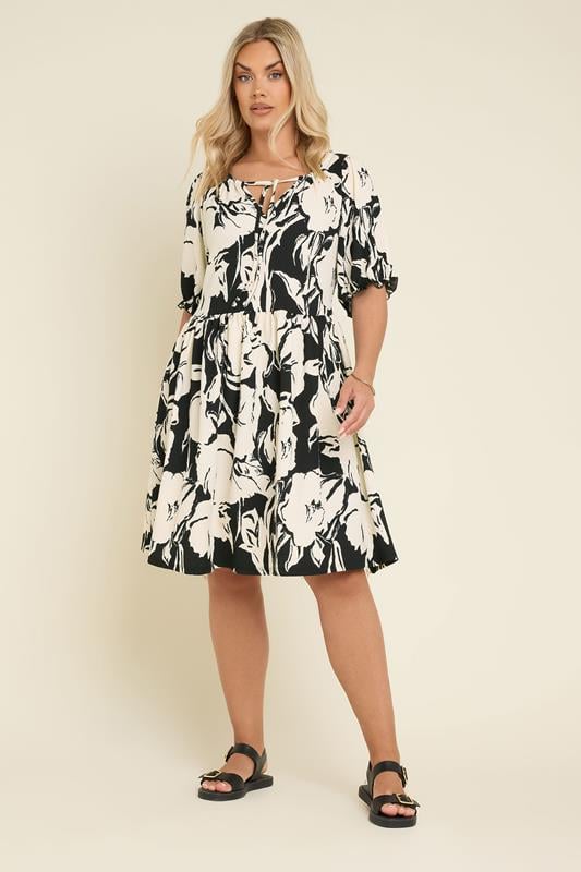 evans YOURS Curve Black Abstract Print Tie Neck Mini Dress