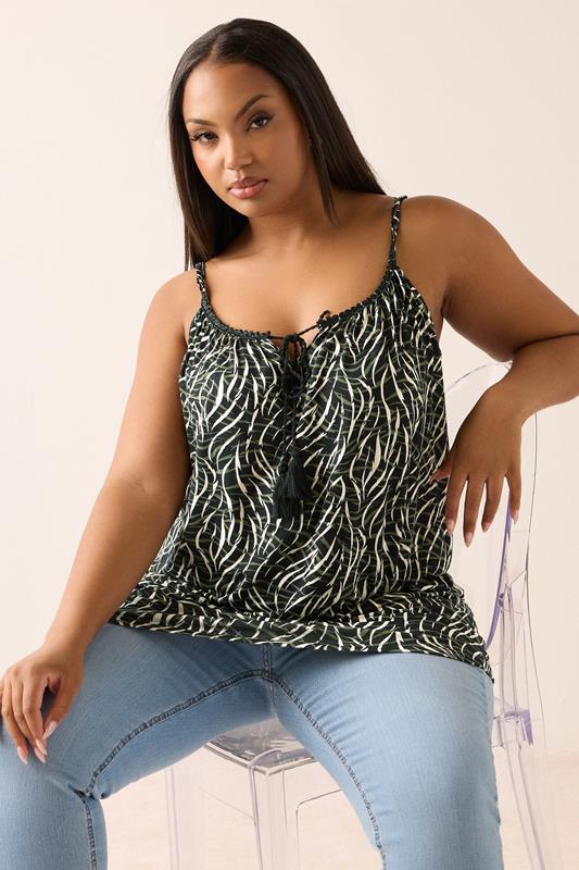 evans YOURS Curve Black Abstract Tassel Cami Vest Top