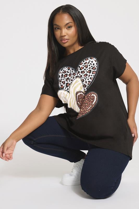 evans YOURS Curve Black Animal Heart Graphic T-Shirt