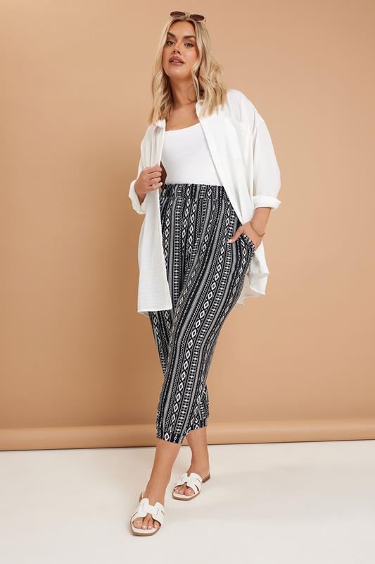 Evans YOURS Curve Black Aztec Stripe Cropped Harem Trousers