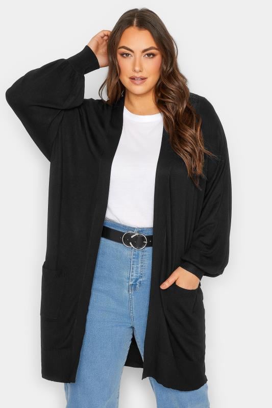 evans YOURS Curve Black Balloon Sleeve Fine Knit Cardigan