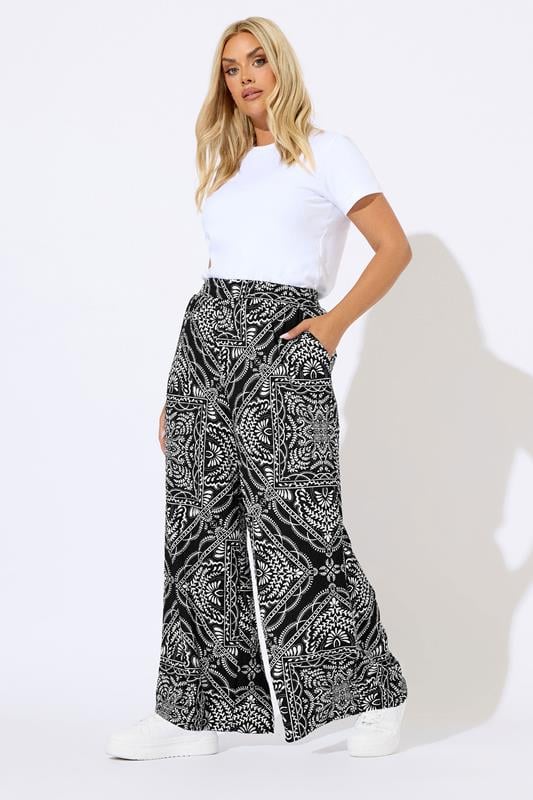 evans YOURS Curve Black Bandana Print Textured Wide Leg Trousers