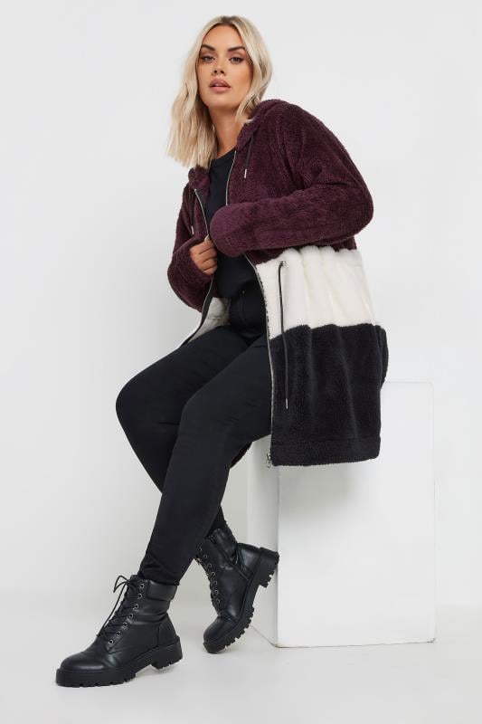 Evans YOURS Curve Black & Berry Red Colour Block Fleece Jacket