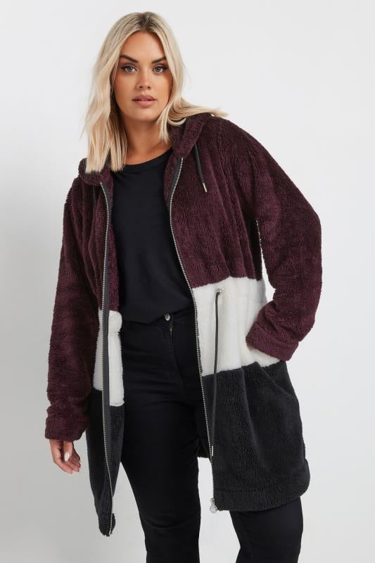 evans YOURS Curve Black & Berry Red Colour Block Fleece Jacket