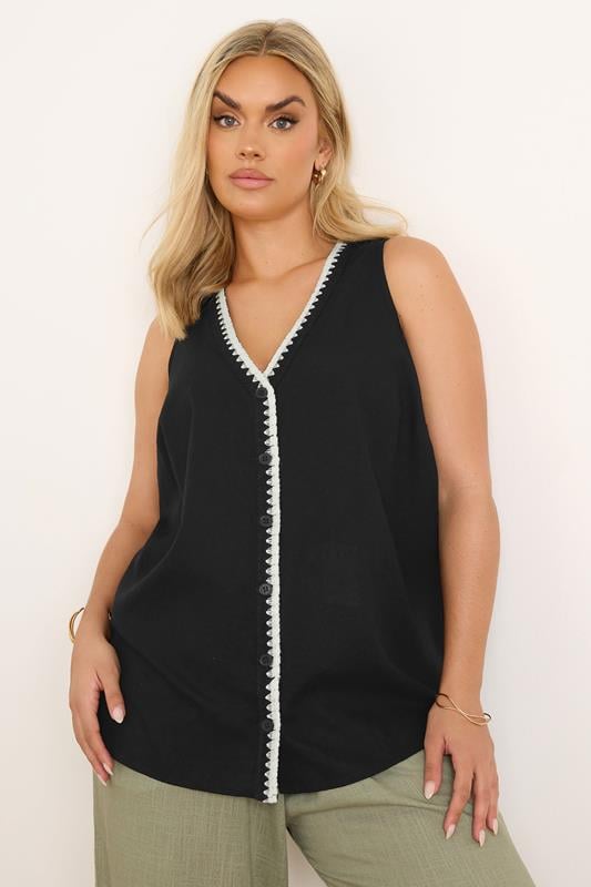 evans YOURS Curve Black Blanket Stitch Linen Vest Top