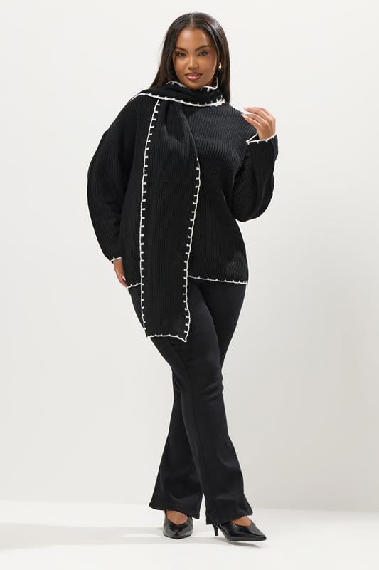 Evans YOURS Curve Black Blanket Stitch Scarf Detail Jumper
