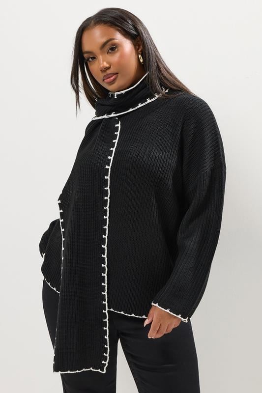 evans YOURS Curve Black Blanket Stitch Scarf Detail Jumper
