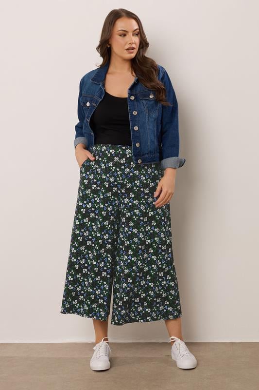 Evans YOURS Curve Black & Blue Floral Print Midaxi Culottes