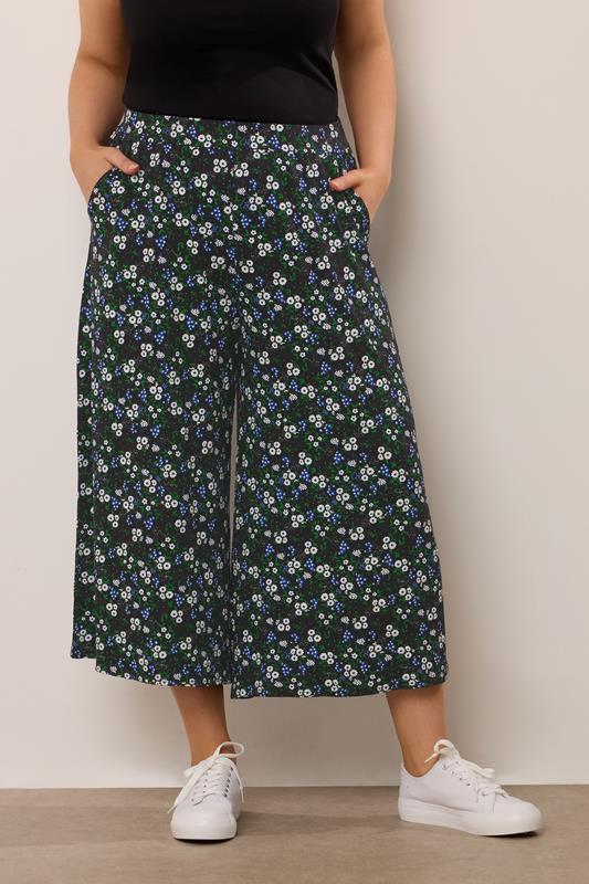 evans YOURS Curve Black & Blue Floral Print Midaxi Culottes