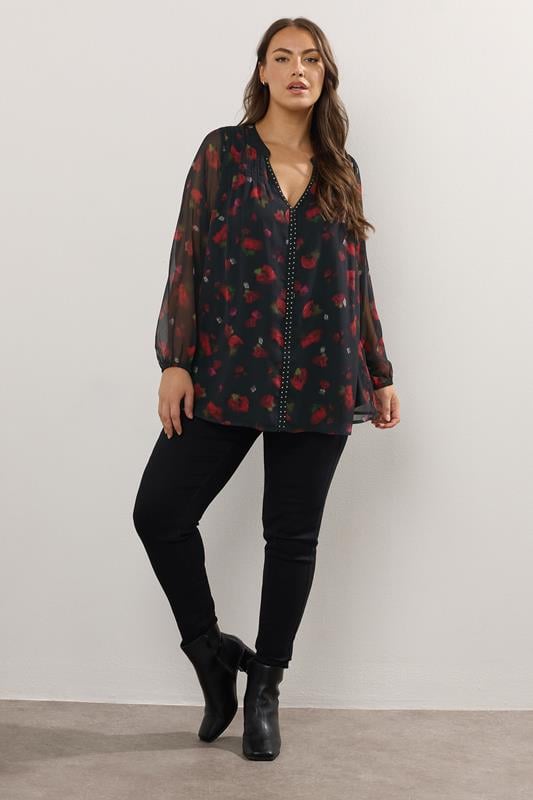 Evans YOURS Curve Black Blurred Floral Stud Detail Blouse