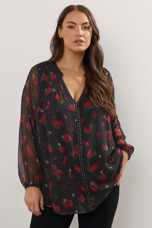 evans YOURS Curve Black Blurred Floral Stud Detail Blouse