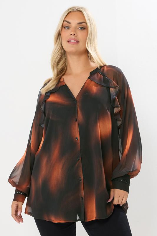 evans YOURS Curve Black Blurred Ruffle Stud Trim Blouse