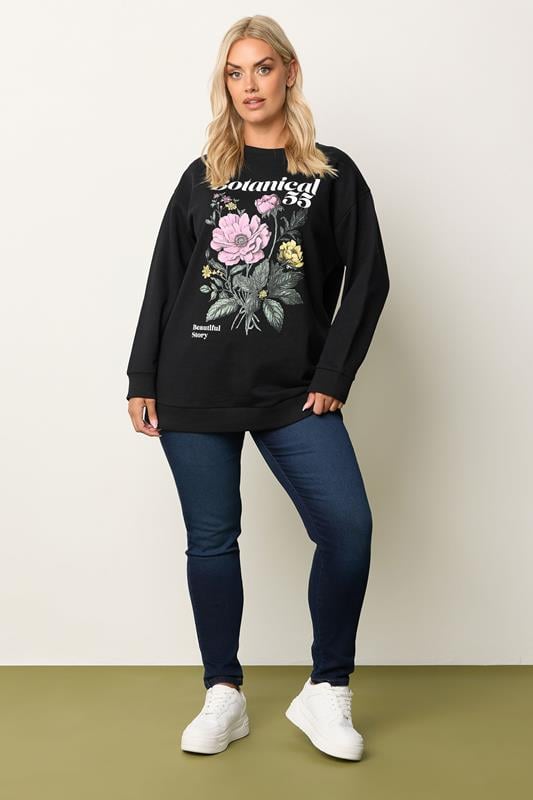 Evans YOURS Curve Black 'Botanical' Floral Sweatshirt