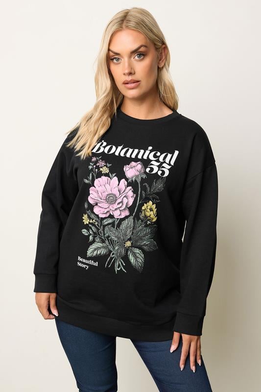 evans YOURS Curve Black 'Botanical' Floral Sweatshirt
