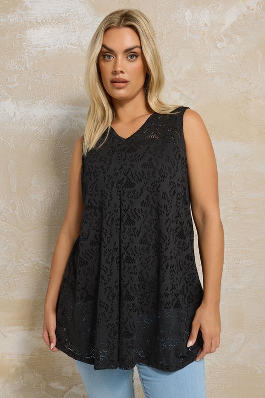 Evans YOURS Curve Black Broderie Anglaise Pleat Front Vest Top