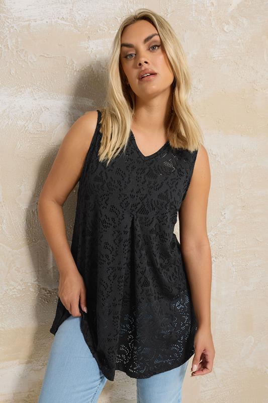 evans YOURS Curve Black Broderie Anglaise Pleat Front Vest Top