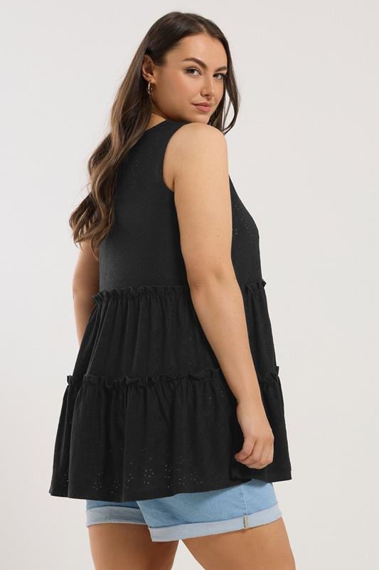 Evans YOURS Curve Black Broderie Anglaise Tiered Vest Top