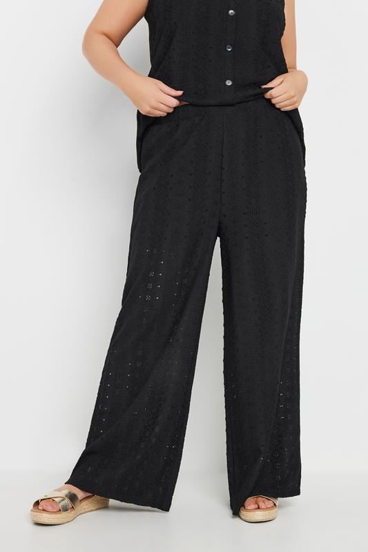 evans YOURS Curve Black Broderie Anglaise Wide Leg Trousers