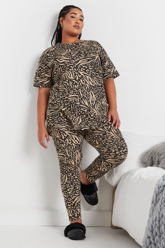 Evans YOURS Curve Black & Brown Animal Print Pyjama Set