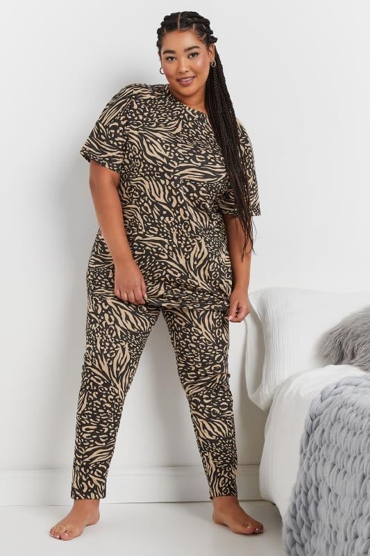 evans YOURS Curve Black & Brown Animal Print Pyjama Set