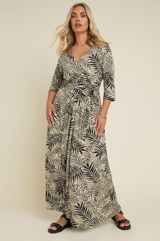 Evans YOURS Curve Black & Brown Leaf Print Maxi Wrap Dress