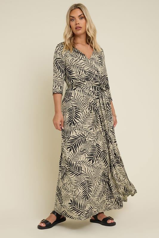 evans YOURS Curve Black & Brown Leaf Print Maxi Wrap Dress