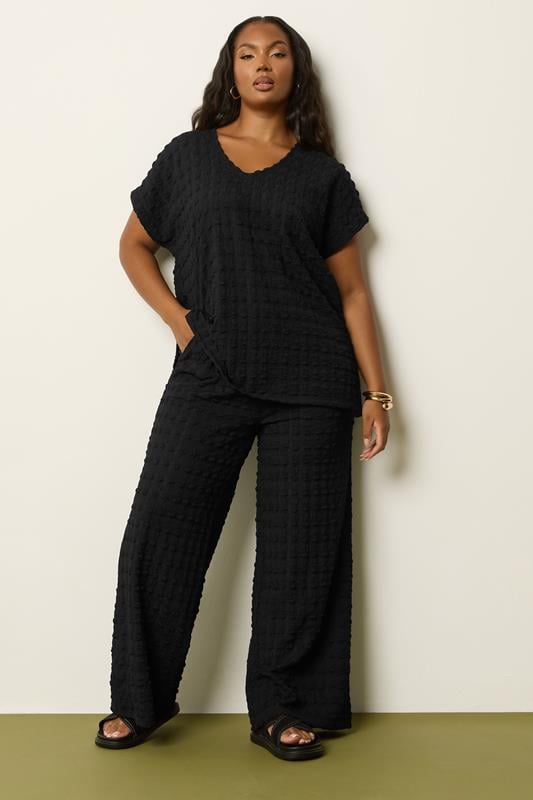Evans YOURS Curve Black Bubble Textured Wide Leg Trousers