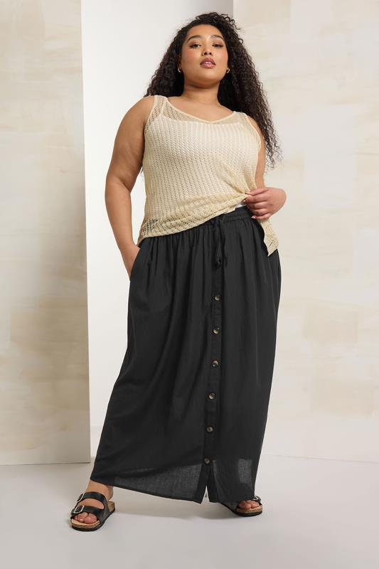 Evans YOURS Curve Black Button Front Chambray Maxi Skirt